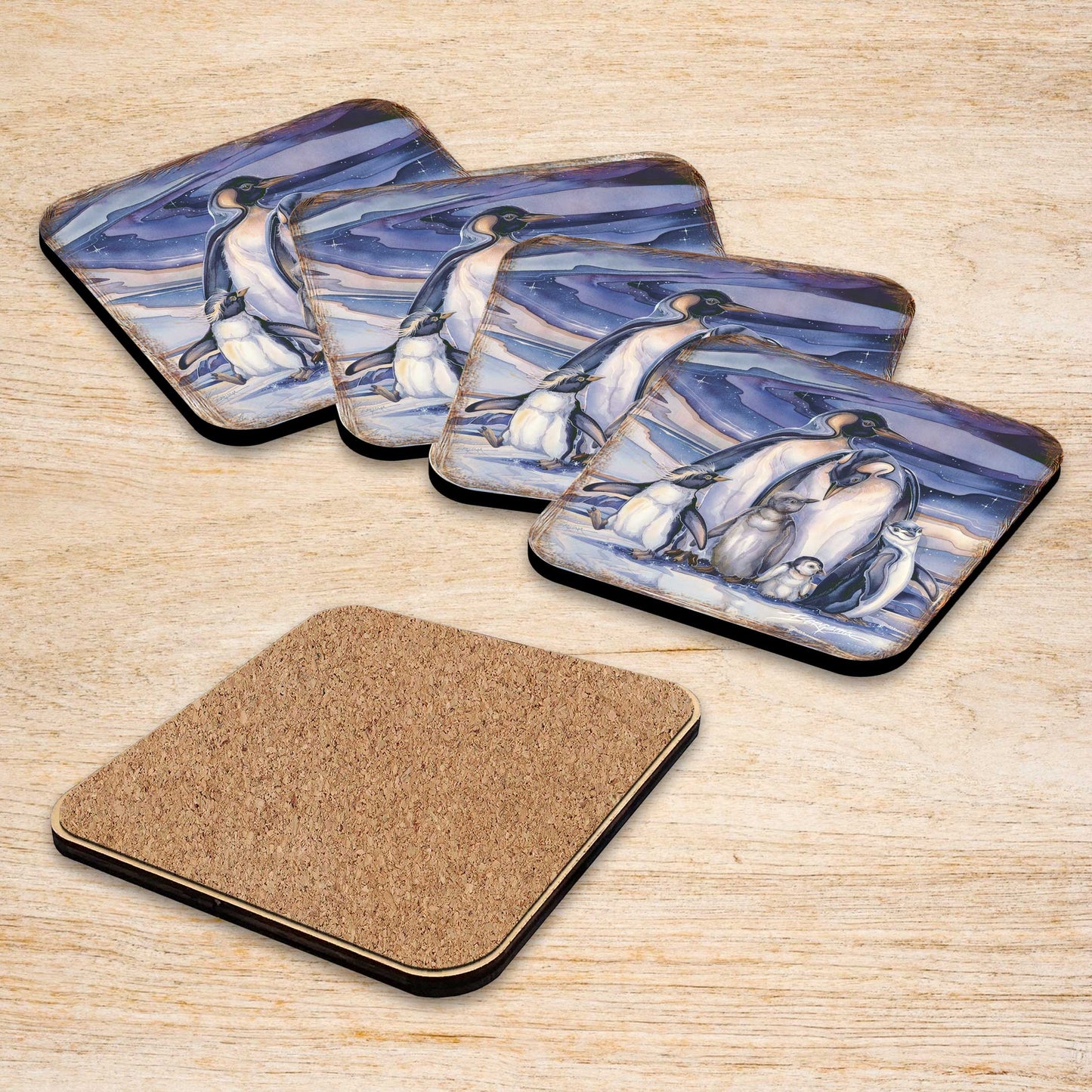 Penguin Family Wooden Cork Coasters Gift Set of 4 by J. Bergsma - Wildlife Decor - 8199472C-S4-S4 (Copy)-2