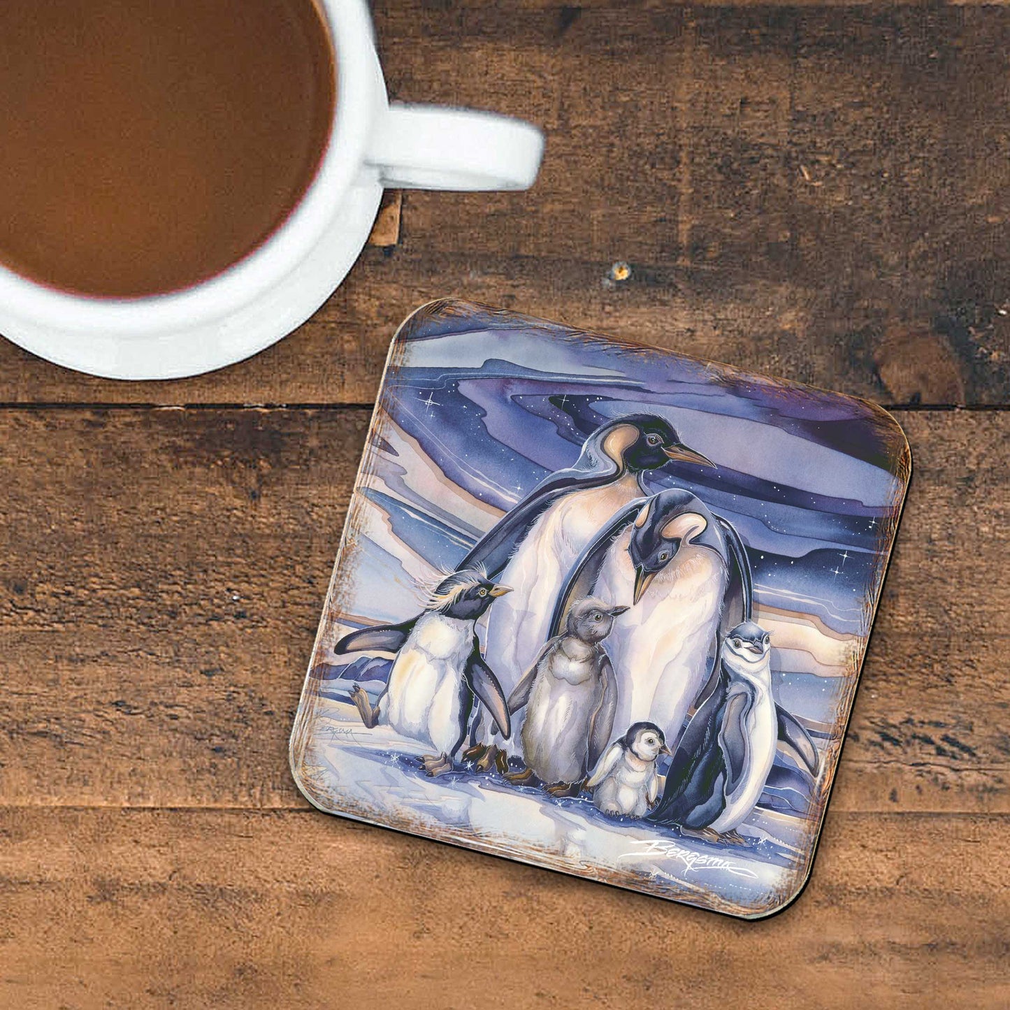 Penguin Family Wooden Cork Coasters Gift Set of 4 by J. Bergsma - Wildlife Decor - 8199472C-S4-S4 (Copy)-0
