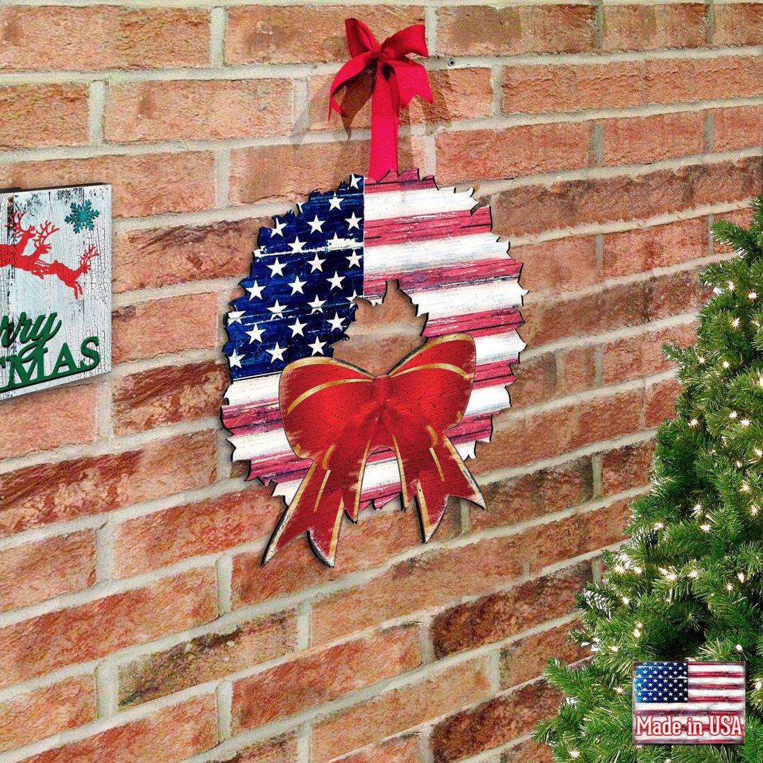 American Flag Holiday Door Wreath by G. DeBrekht - American Christmas Decor - 8185302H-1